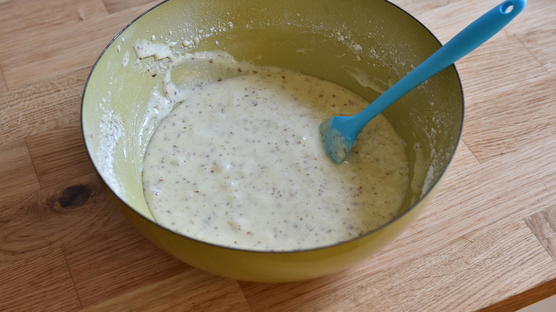 cake batter in mixing bowl