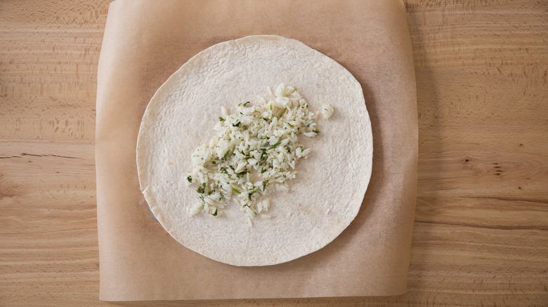 rice in large flour tortilla 