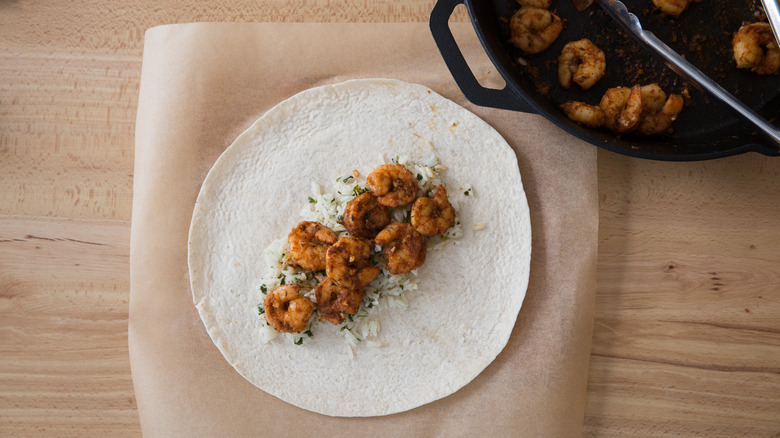 shrimp and rice in tortilla 