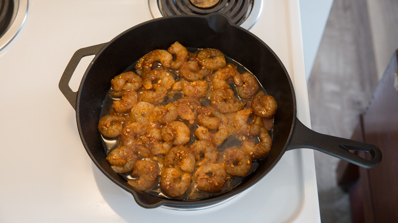 shrimp in cast iron pan 