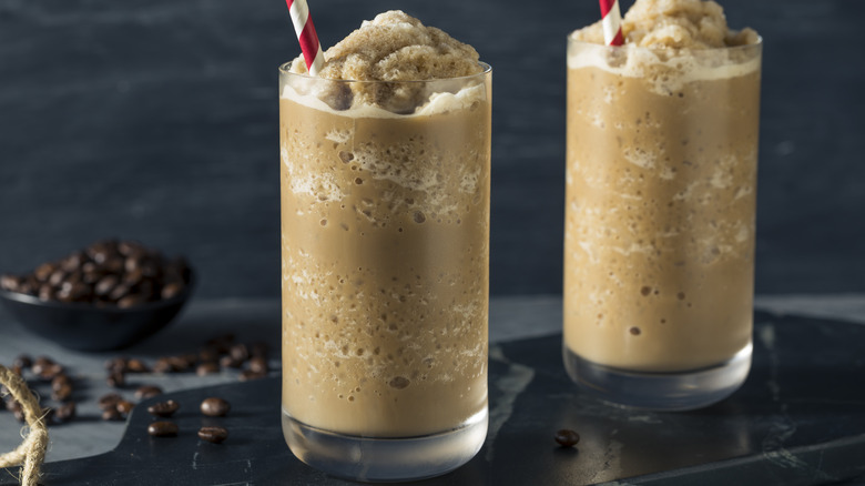 glasses of frozen coffee with coffee beans