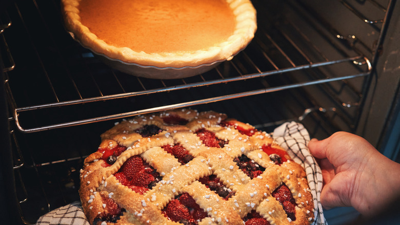 Pies baking in oven