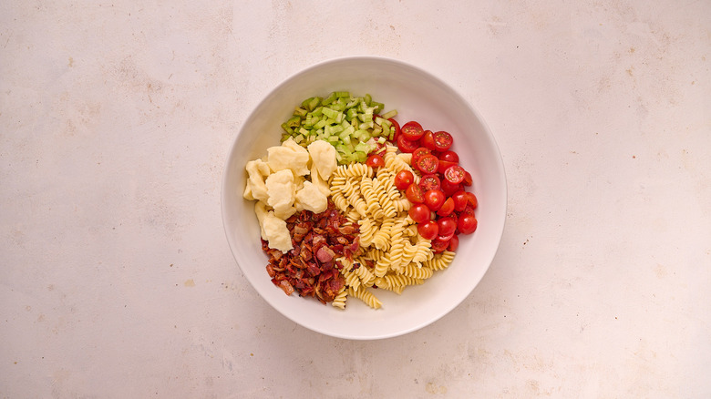 pasta salad ingredients in bowl