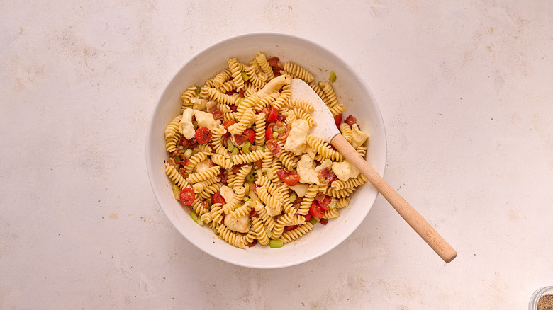 pasta salad tossed with dressing