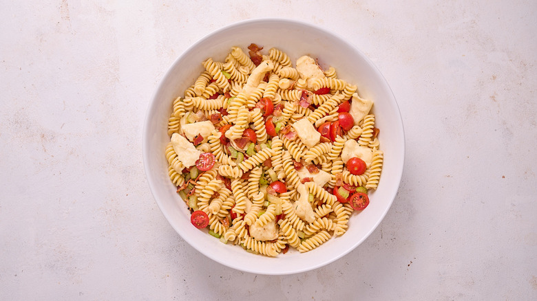 bloody mary pasta salad in bowl