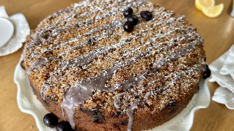 Serving blueberry lavender coffee cake