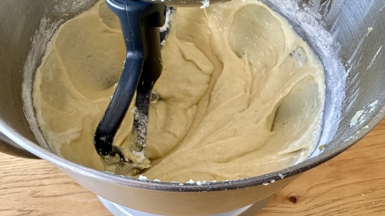 Cake batter in mixing bowl