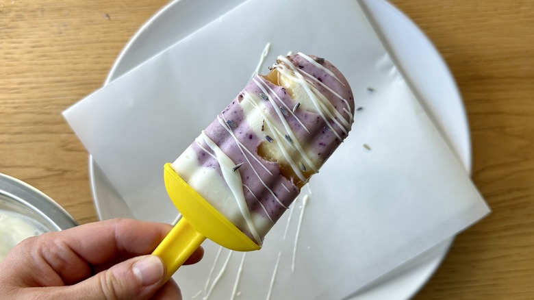 Decorated blueberry-lavender honey popsicle