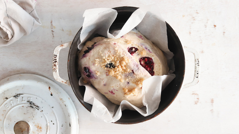 blueberry lemon sourdough in dutch oven