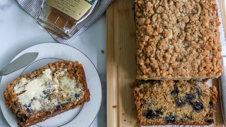 sliced blueberry pancake bread on a plate