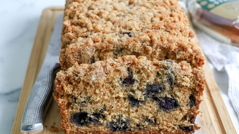 close up of sliced blueberry pancake bread