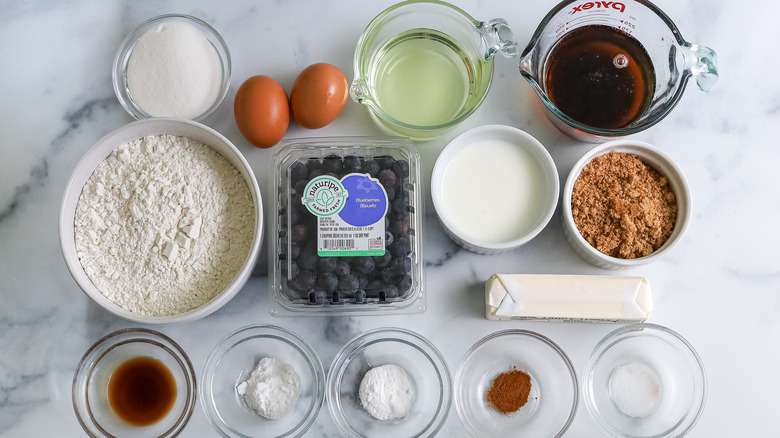 blueberry pancake bread ingredients on a table