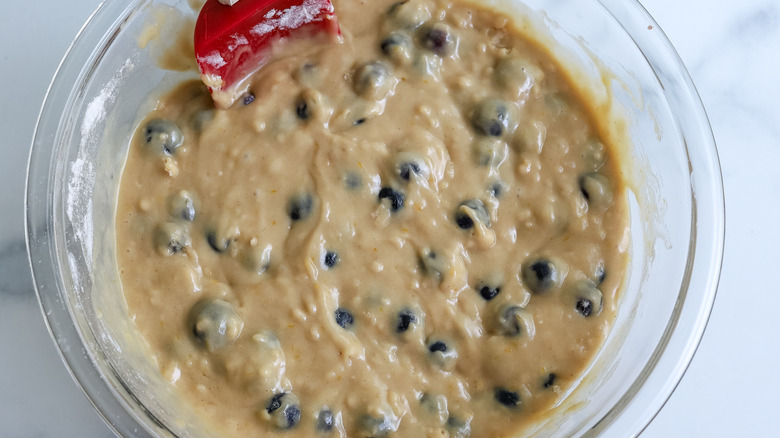 blueberry pancake bread batter in a bowl