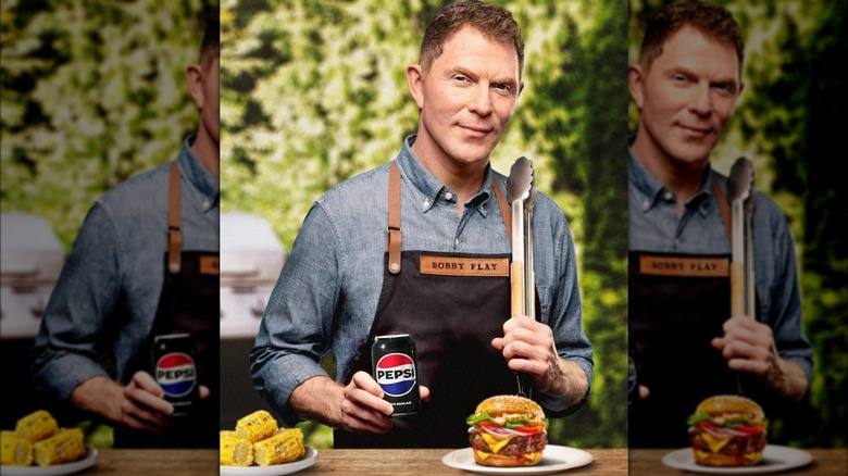 Bobby Flay with burger and Pepsi