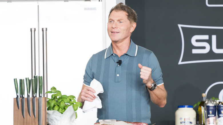 Celebrity chef Bobby Flay is shown during a cooking demo