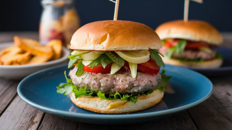 A turkey burger with lettuce, tomato and other toppings on a blue plate.