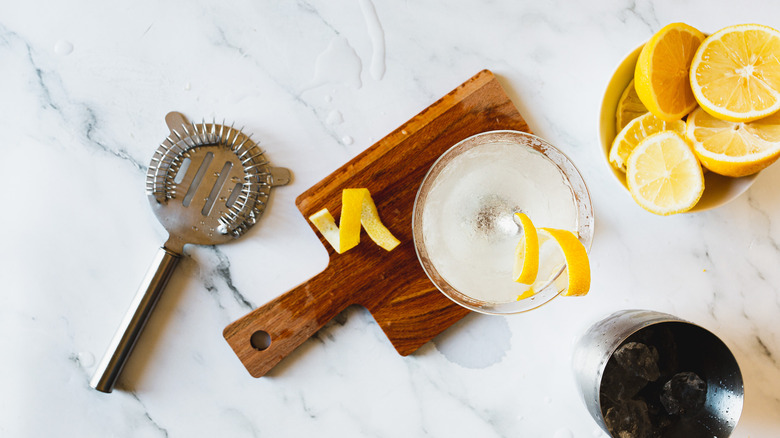 vesper martini cocktail on cutting board