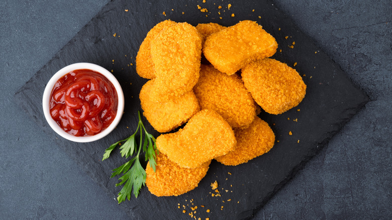 chicken nuggets with ketchup overhead view