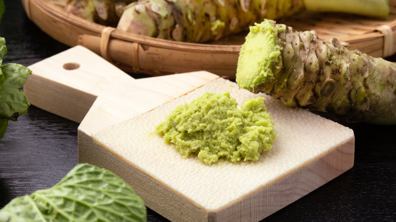 Japanese wasabi on a wooden board