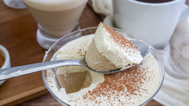 close up of a spoonful of boozy Irish coffee panna cotta