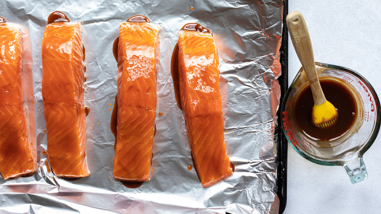 bourbon glazed salmon on sheet pan