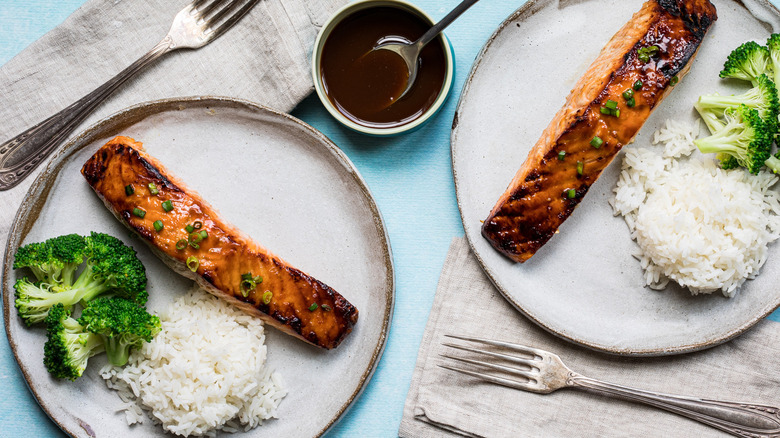 bourbon glazed salmon, broccoli, and rice