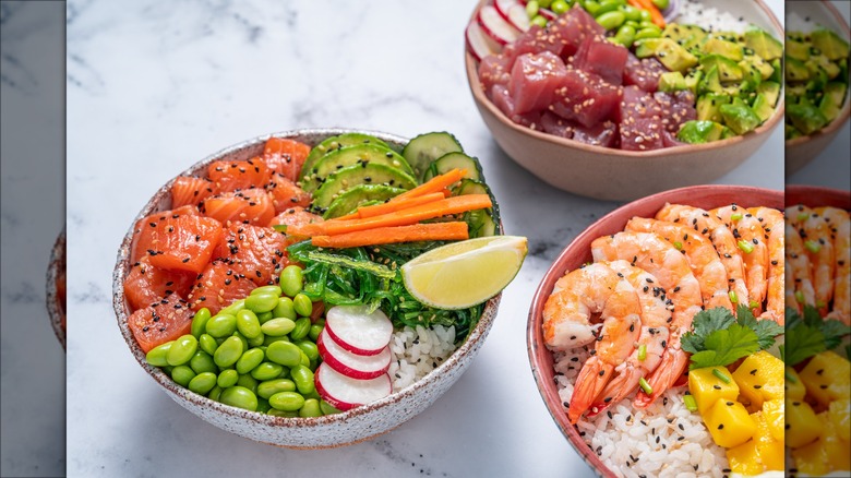 Salmon and shrimp sushi bowls