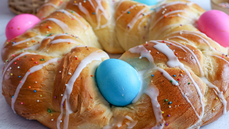 braided bread with colorful eggs