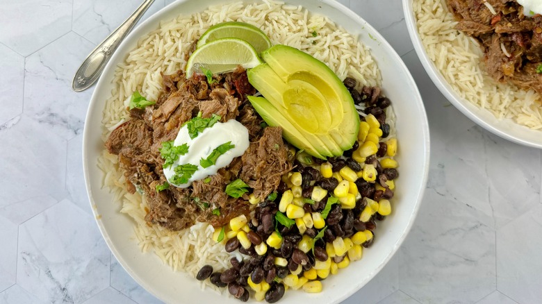 beef with rice and avocado