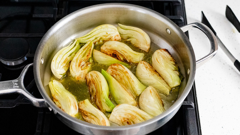 fennel bulbs browning in skillet