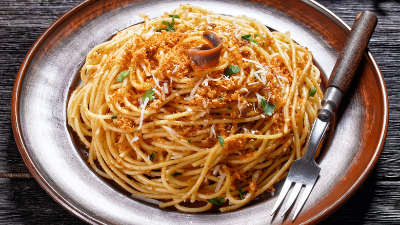 pasta covered with breadcrumbs