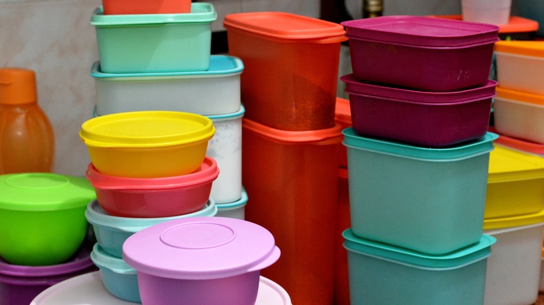 Stacks of colorful plastic containers