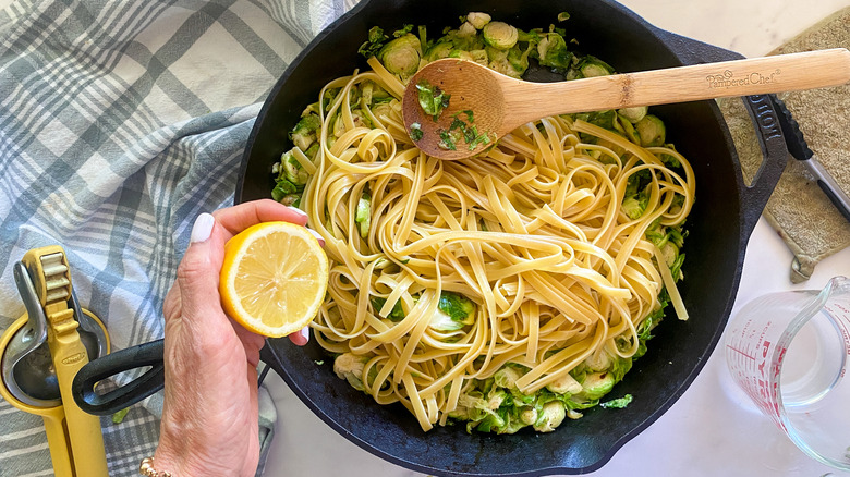 pasta added to pan