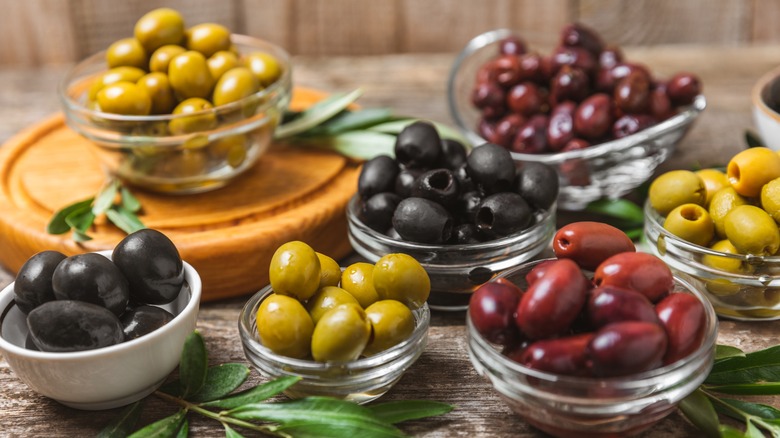 variety of olives in bowls