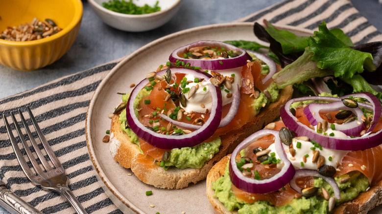 smoked salmon avocado toast served on plate