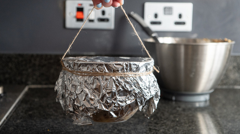 foil-wrapped pudding basin