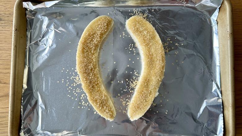 Banana halves coated with sugar