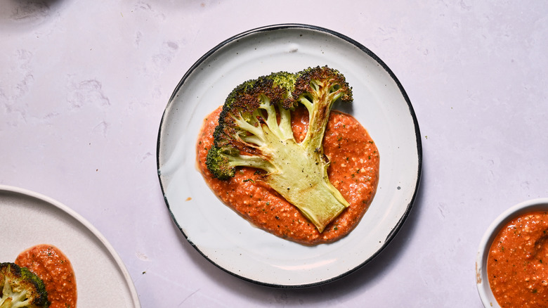 broccoli and romesco on plate