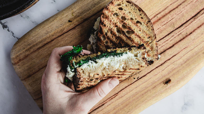 Hand holding a grilled cheese half