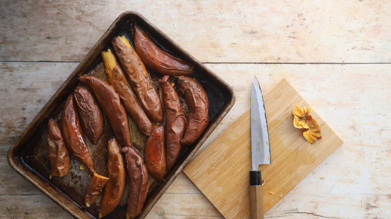 Roasted sweet potatoes on tray