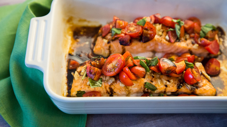 salmon bruschetta in baking pan