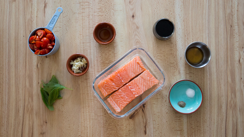 baked salmon ingredients on table