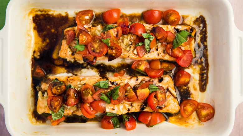 bruschetta-style salmon in baking pan