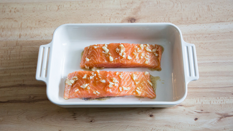 marinated salmon in baking pan