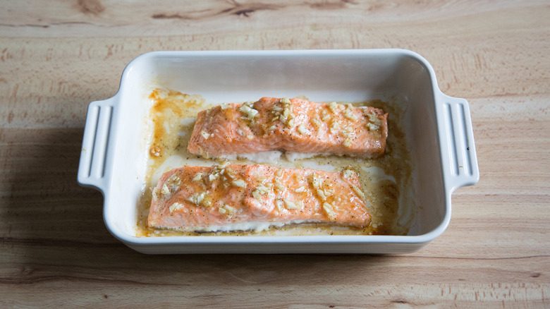 baked salmon in small pan