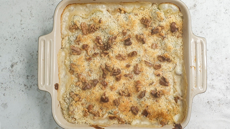 Brussels sprouts gratin on table