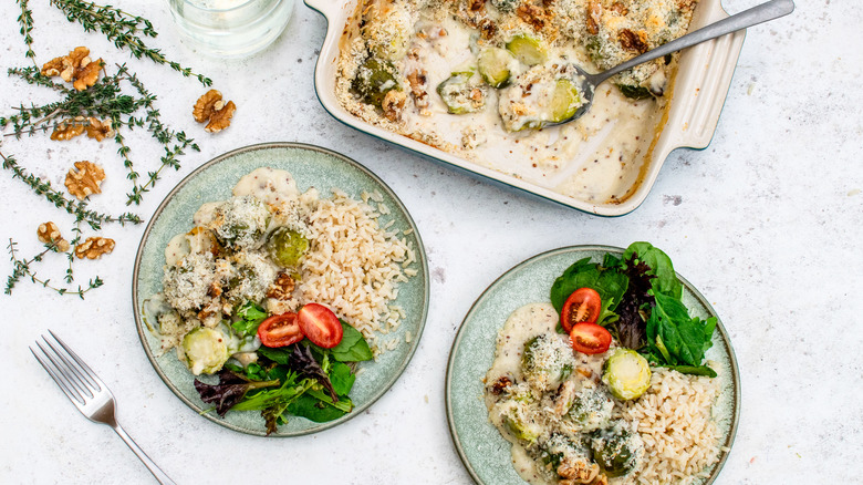 plates of Brussels sprouts gratin