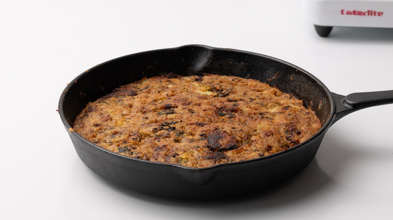 crispy golden bubble and squeak in cast iron pan