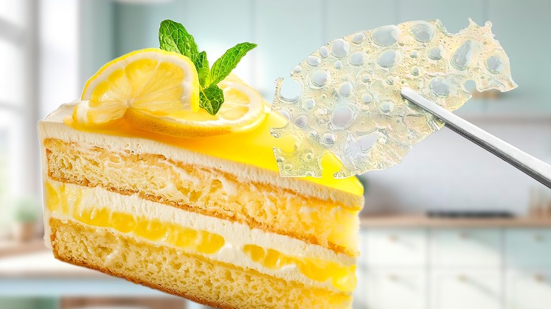 slice of cake decorated with bubble sugar