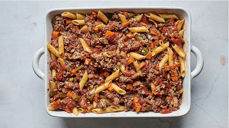 mostaccioli in a casserole dish